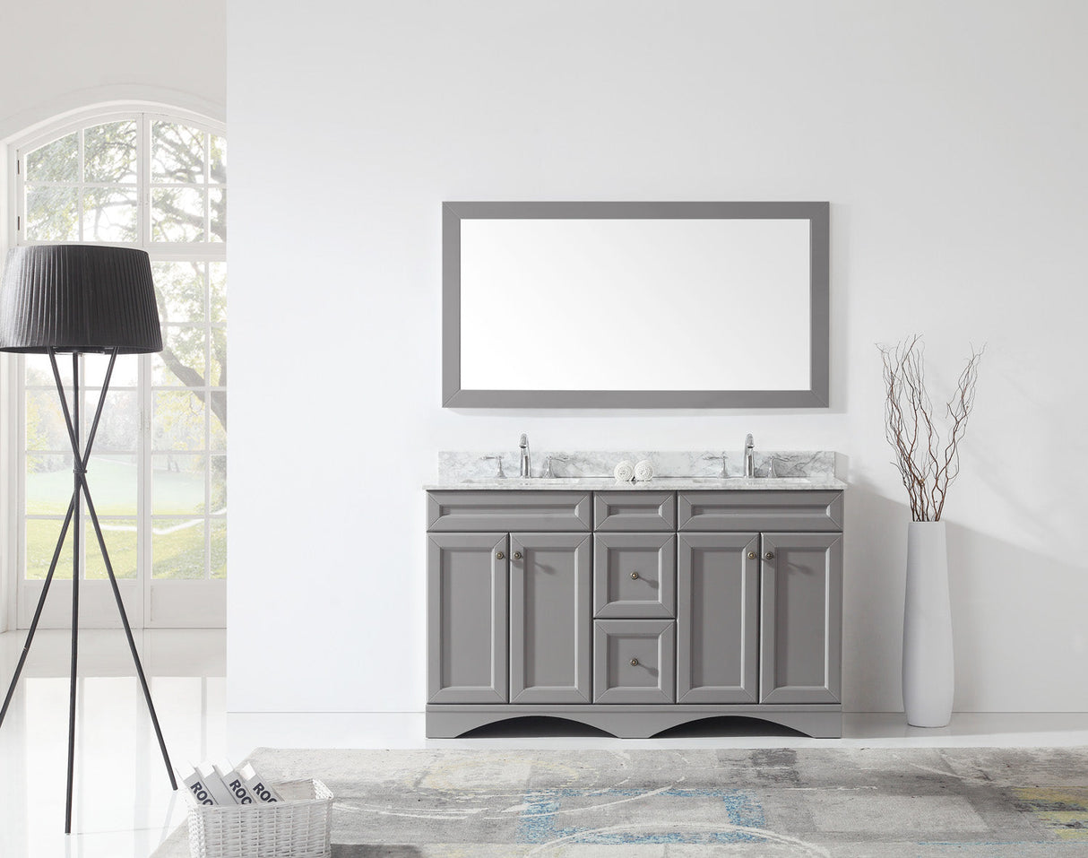 Virtu USA Talisa 60" Double Bath Vanity with White Marble Top and Square Sinks with Polished Chrome Faucets with Matching Mirror