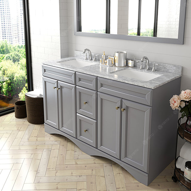 Virtu USA Talisa 60" Double Bath Vanity with White Marble Top and Square Sinks with Matching Mirror