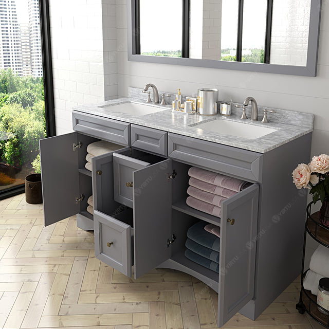 Virtu USA Talisa 60" Double Bath Vanity with White Marble Top and Square Sinks with Matching Mirror