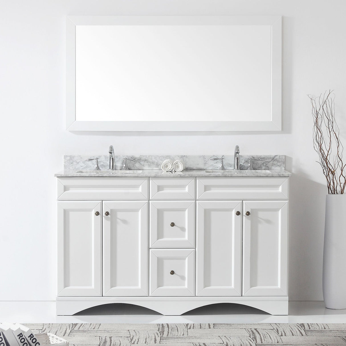 Virtu USA Talisa 60" Double Bath Vanity with White Marble Top and Square Sinks with Brushed Nickel Faucets with Matching Mirror