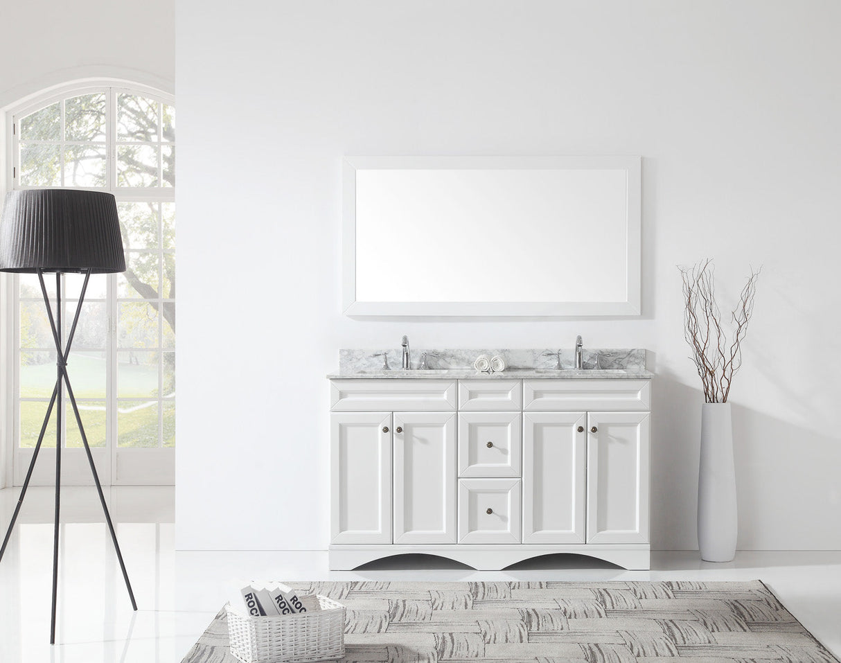 Virtu USA Talisa 60" Double Bath Vanity with White Marble Top and Square Sinks with Brushed Nickel Faucets with Matching Mirror