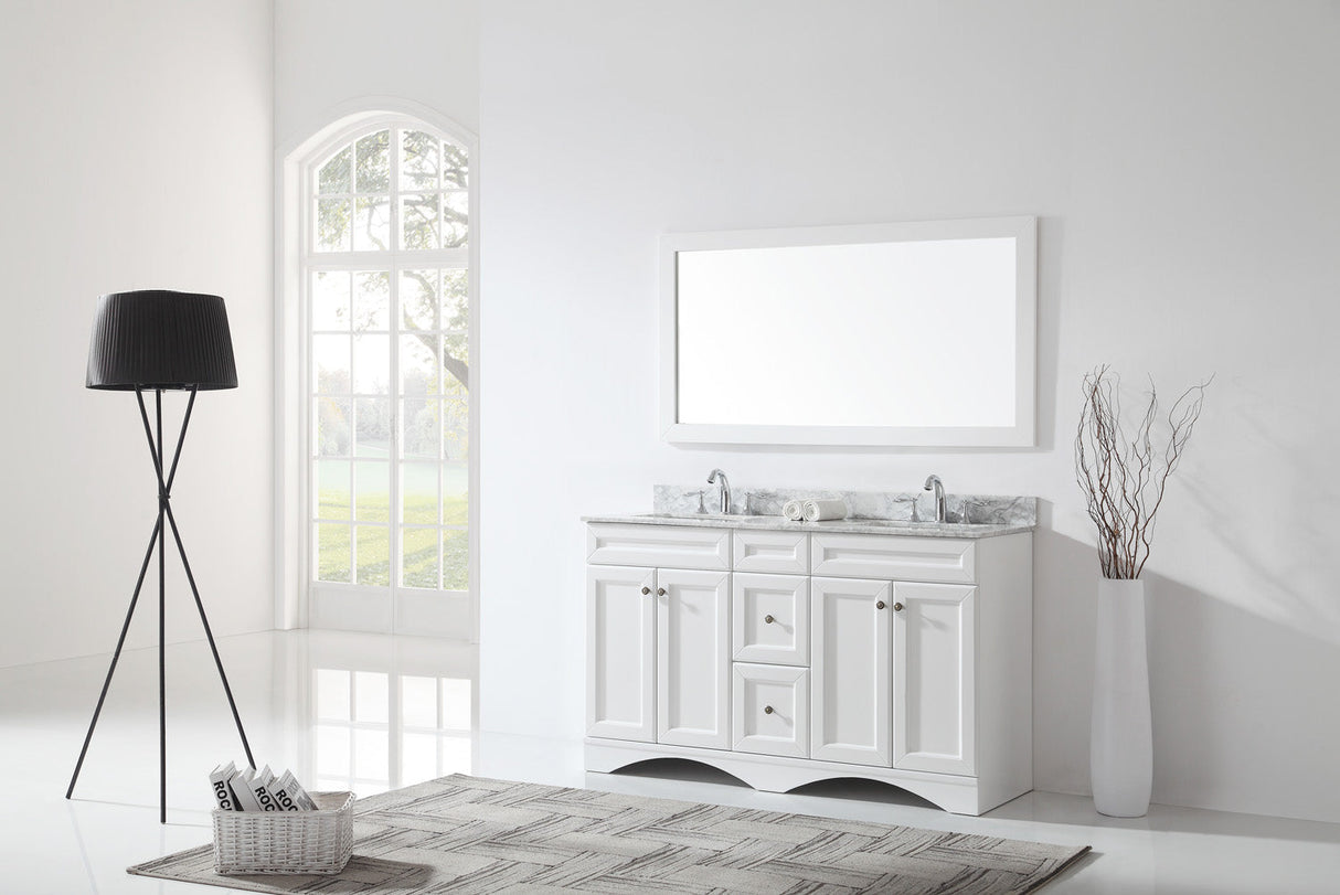 Virtu USA Talisa 60" Double Bath Vanity with White Marble Top and Square Sinks with Polished Chrome Faucets with Matching Mirror