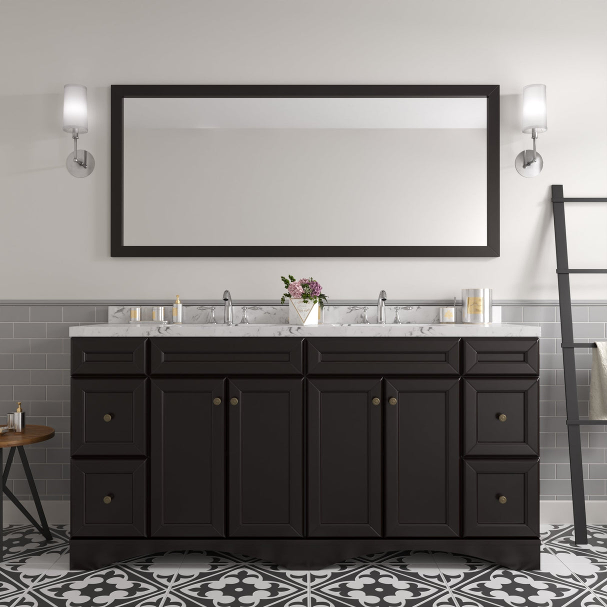 Virtu USA Talisa 72" Double Bath Vanity with White Quartz Top and Round Sinks with Matching Mirror