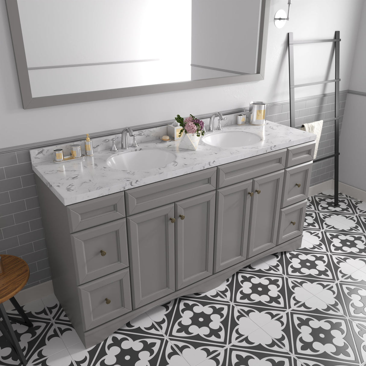 Virtu USA Talisa 72" Double Bath Vanity with White Quartz Top and Round Sinks with Matching Mirror