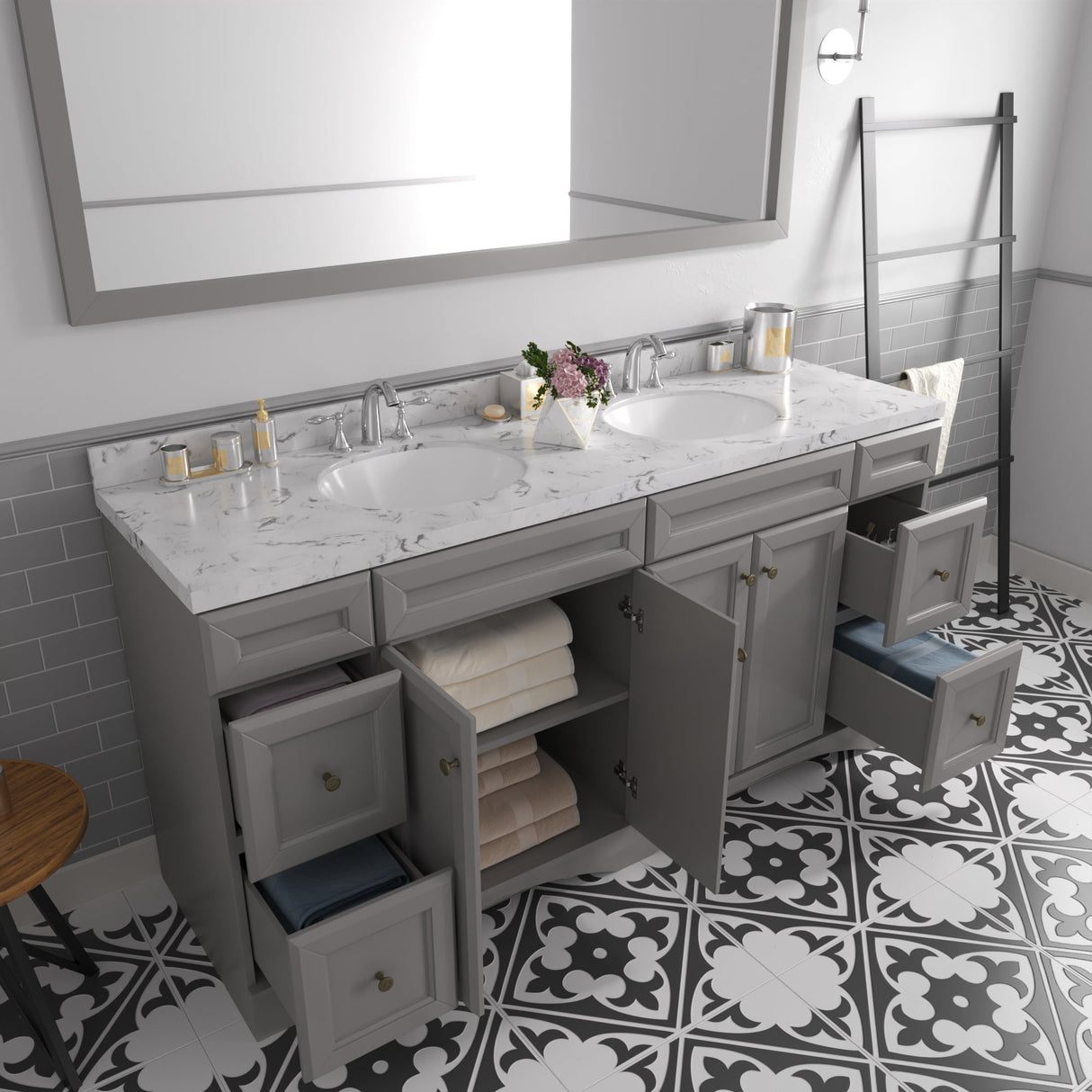 Virtu USA Talisa 72" Double Bath Vanity with White Quartz Top and Round Sinks with Matching Mirror