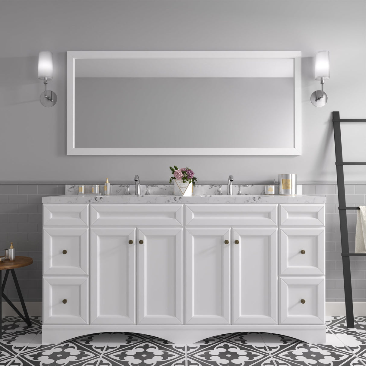 Virtu USA Talisa 72" Double Bath Vanity with White Quartz Top and Round Sinks with Matching Mirror