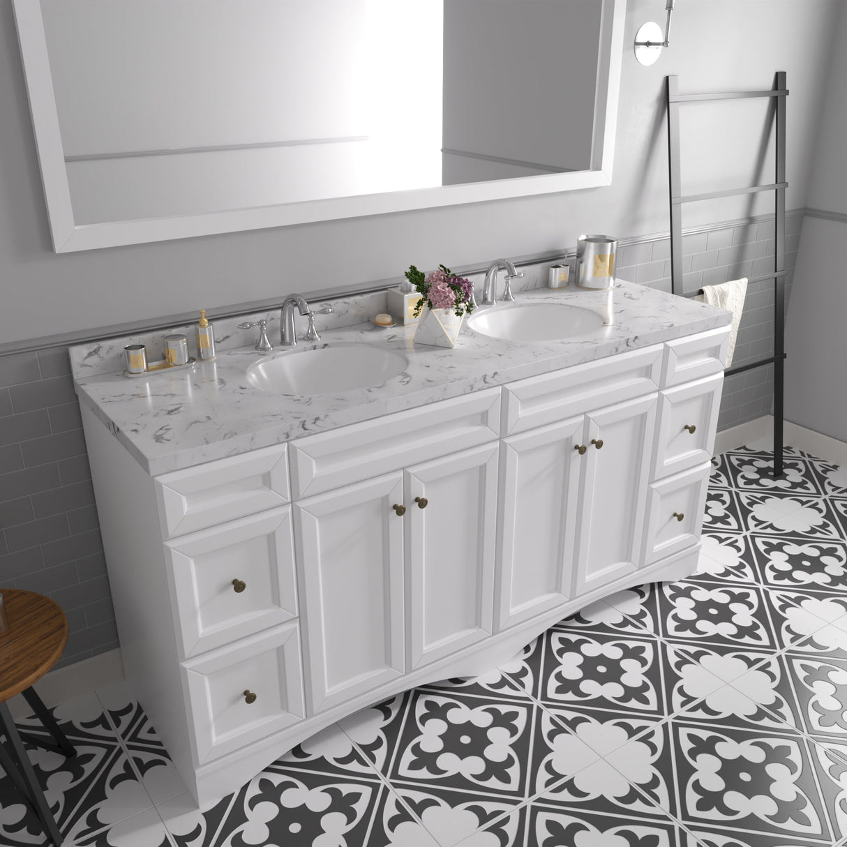 Virtu USA Talisa 72" Double Bath Vanity with White Quartz Top and Round Sinks with Matching Mirror