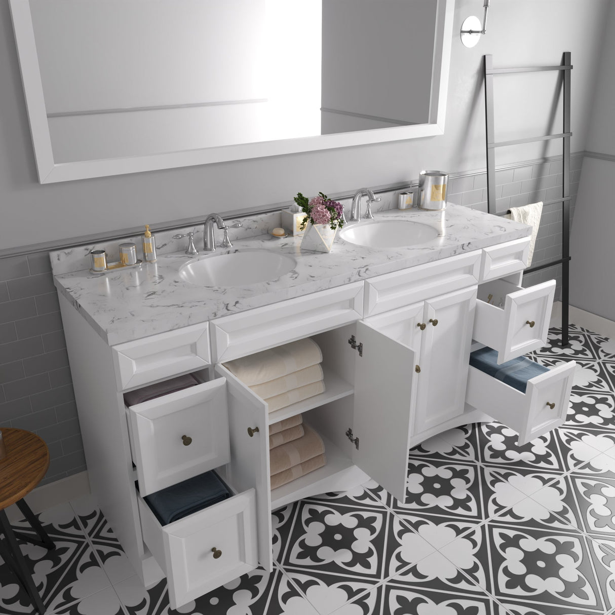 Virtu USA Talisa 72" Double Bath Vanity with White Quartz Top and Round Sinks with Matching Mirror