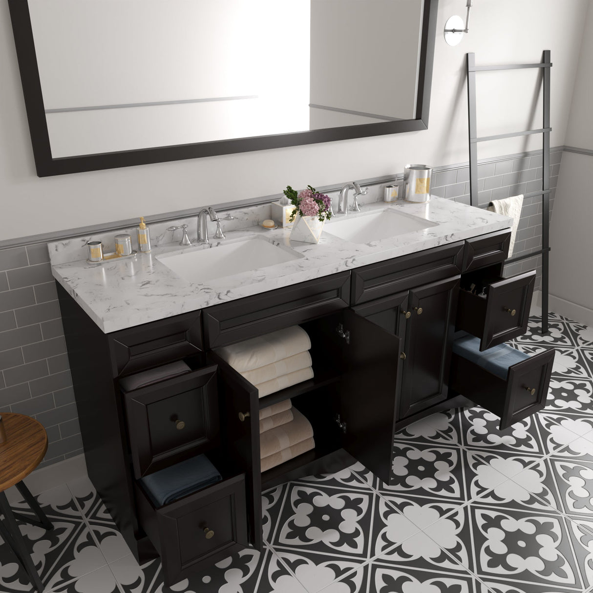 Virtu USA Talisa 72" Double Bath Vanity with White Quartz Top and Square Sinks with Brushed Nickel Faucets with Matching Mirror