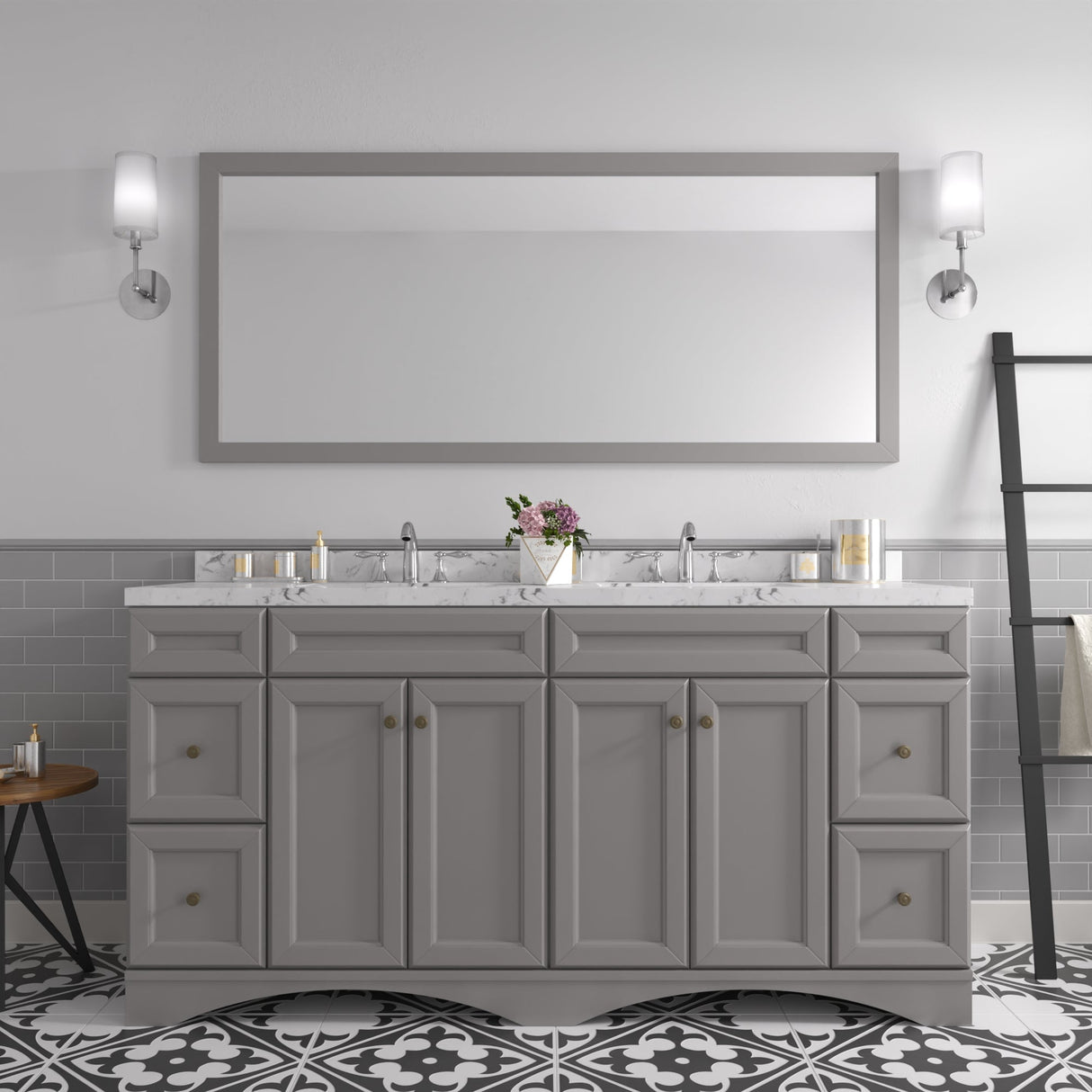 Virtu USA Talisa 72" Double Bath Vanity with White Quartz Top and Square Sinks with Brushed Nickel Faucets with Matching Mirror