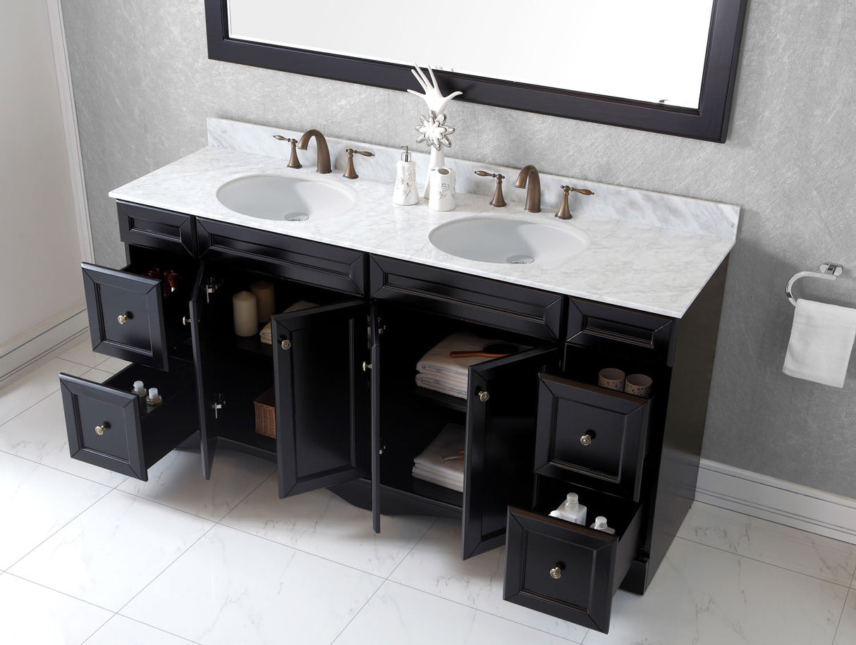 Virtu USA Talisa 72" Double Bath Vanity with White Marble Top and Round Sinks with Matching Mirror