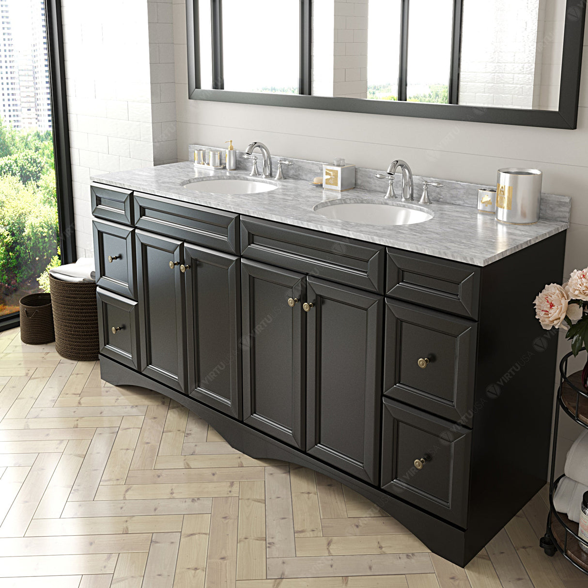 Virtu USA Talisa 72" Double Bath Vanity with White Marble Top and Round Sinks with Polished Chrome Faucets with Matching Mirror