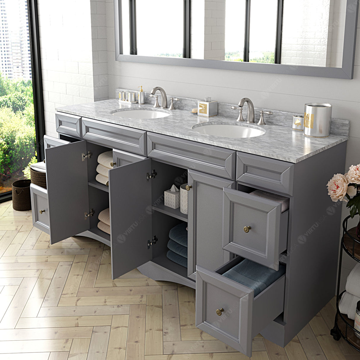 Virtu USA Talisa 72" Double Bath Vanity with White Marble Top and Round Sinks with Matching Mirror