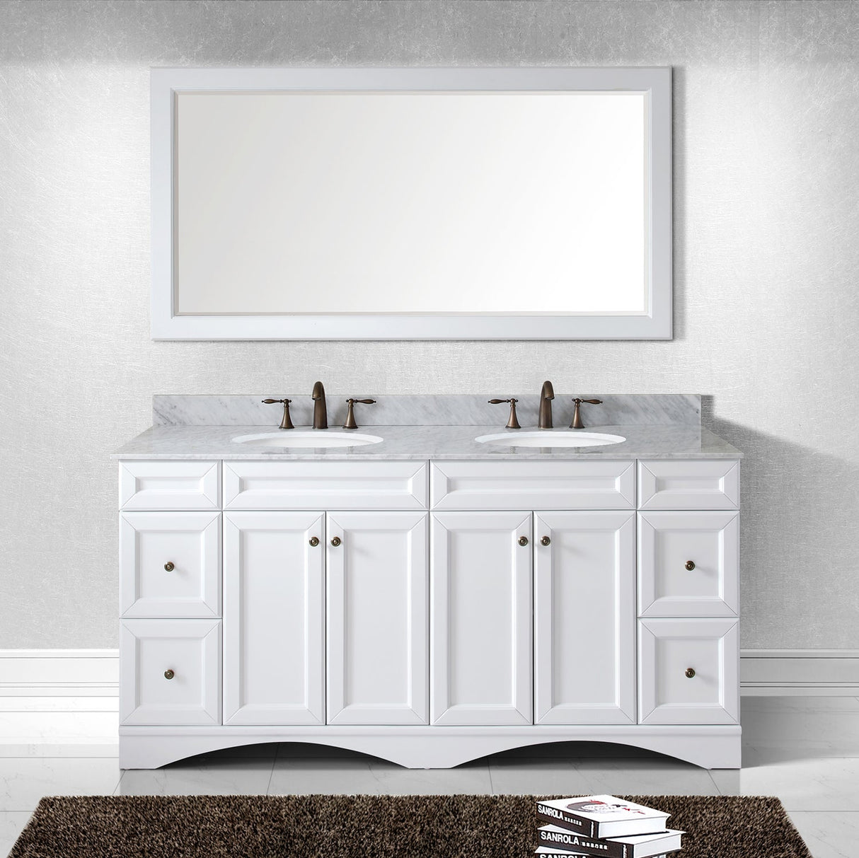 Virtu USA Talisa 72" Double Bath Vanity with White Marble Top and Round Sinks with Polished Chrome Faucets with Matching Mirror