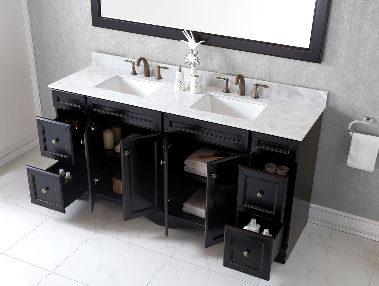 Virtu USA Talisa 72" Double Bath Vanity with White Marble Top and Square Sinks with Matching Mirror