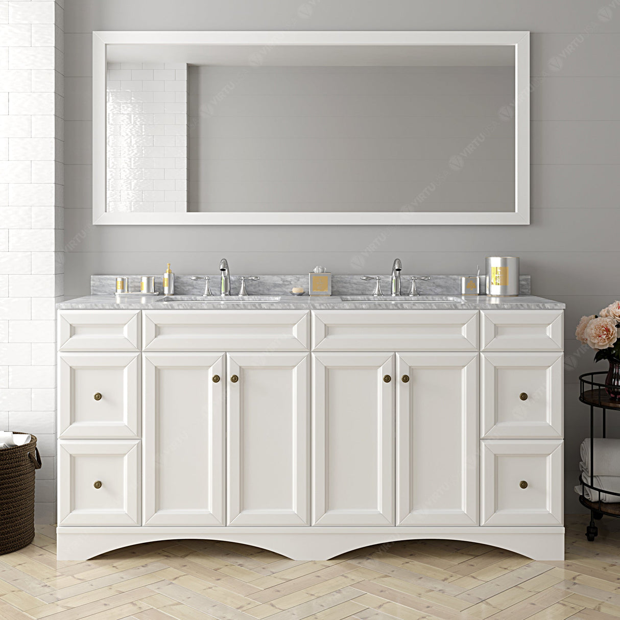 Virtu USA Talisa 72" Double Bath Vanity with White Marble Top and Square Sinks with Brushed Nickel Faucets with Matching Mirror