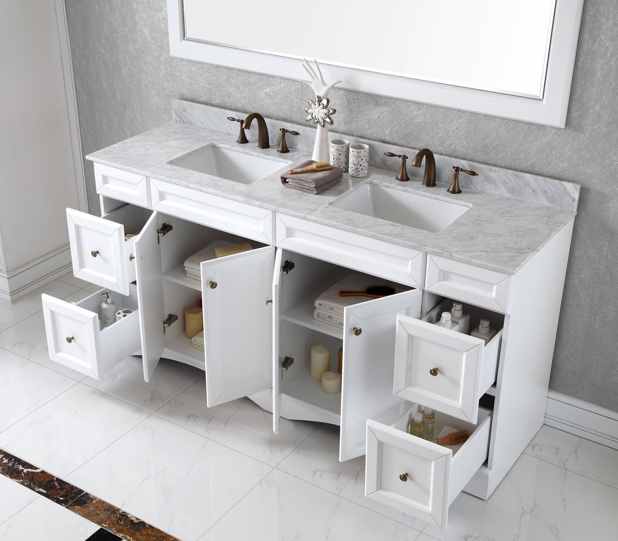 Virtu USA Talisa 72" Double Bath Vanity with White Marble Top and Square Sinks with Polished Chrome Faucets with Matching Mirror