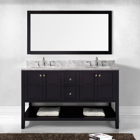 Virtu USA Winterfell 60" Double Bath Vanity with White Marble Top and Round Sinks with Brushed Nickel Faucets with Matching Mirror