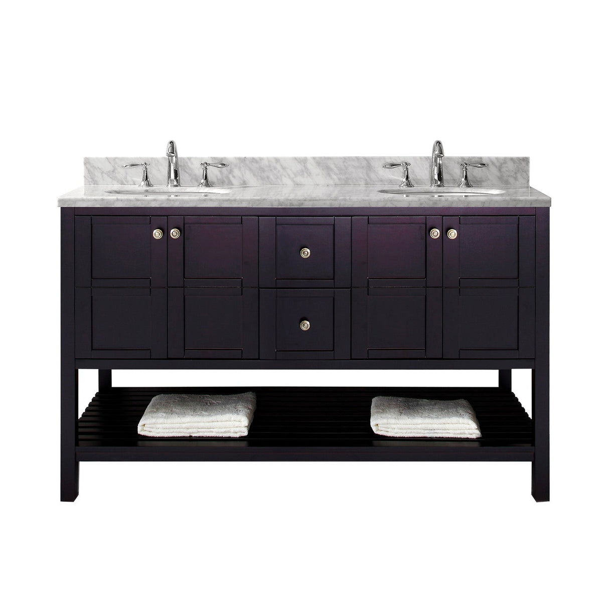 Virtu USA Winterfell 60" Double Bath Vanity with Marble Top and Round Sink with Brushed Nickel Faucet - Luxe Bathroom Vanities Luxury Bathroom Fixtures Bathroom Furniture