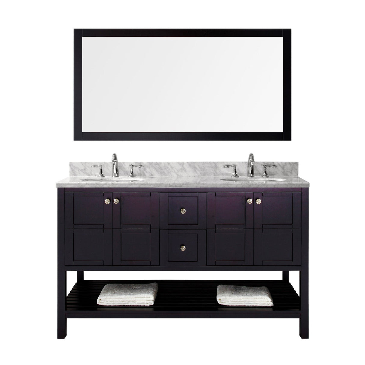 Virtu USA Winterfell 60" Double Bath Vanity with Marble Top and Round Sink with Brushed Nickel Faucet and Mirror - Luxe Bathroom Vanities Luxury Bathroom Fixtures Bathroom Furniture