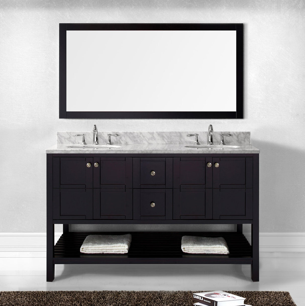 Virtu USA Winterfell 60" Double Bath Vanity with White Marble Top and Round Sinks with Polished Chrome Faucets