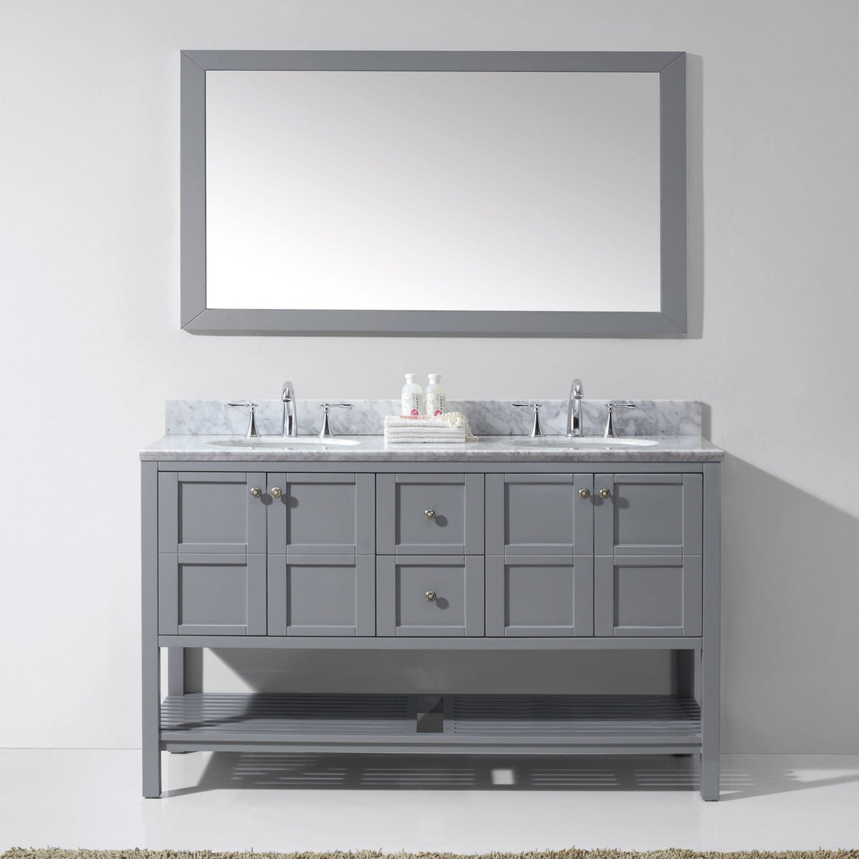 Virtu USA Winterfell 60" Double Bath Vanity with White Marble Top and Round Sinks with Brushed Nickel Faucets with Matching Mirror