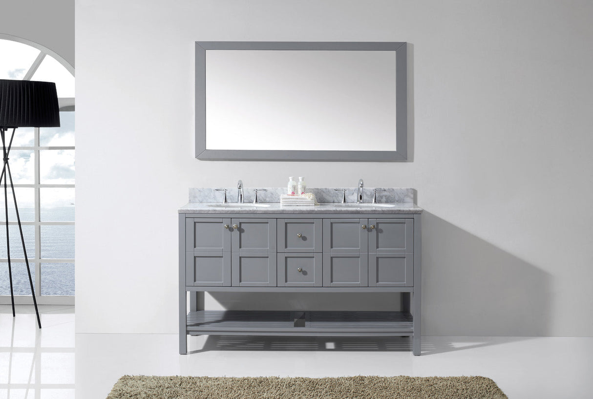 Virtu USA Winterfell 60" Double Bath Vanity with White Marble Top and Round Sinks with Brushed Nickel Faucets with Matching Mirror