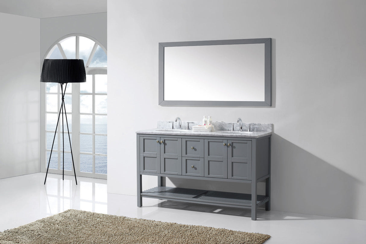 Virtu USA Winterfell 60" Double Bath Vanity with White Marble Top and Round Sinks with Brushed Nickel Faucets with Matching Mirror