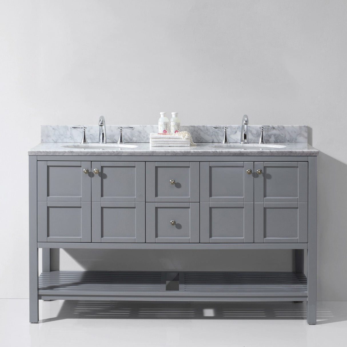 Virtu USA Winterfell 60" Double Bath Vanity with White Marble Top and Round Sinks with Brushed Nickel Faucets