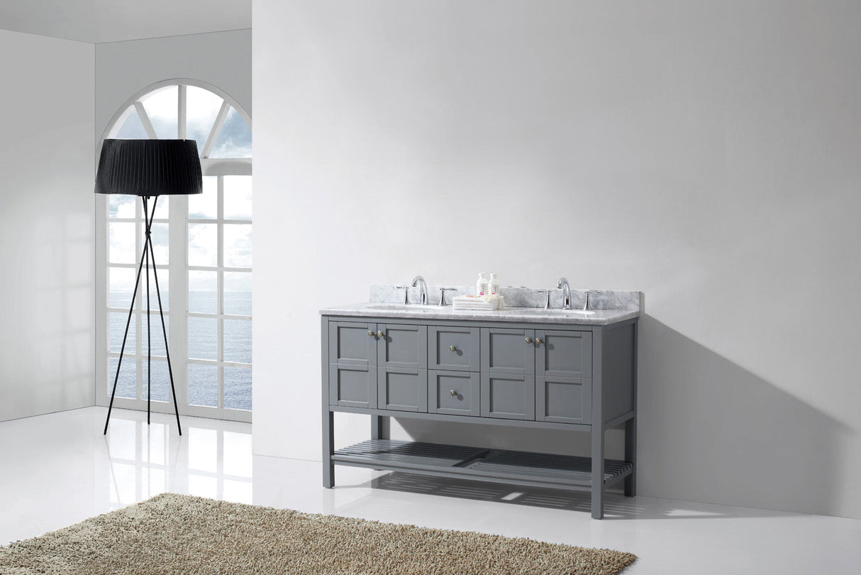 Virtu USA Winterfell 60" Double Bath Vanity with White Marble Top and Round Sinks with Brushed Nickel Faucets