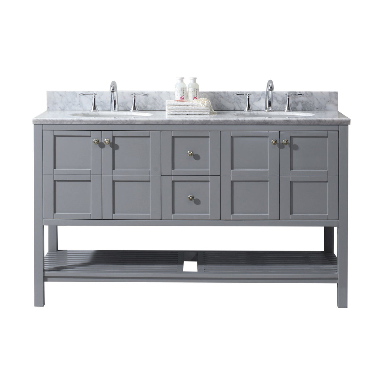 Virtu USA Winterfell 60" Double Bath Vanity with Marble Top and Round Sink with Brushed Nickel Faucet - Luxe Bathroom Vanities Luxury Bathroom Fixtures Bathroom Furniture