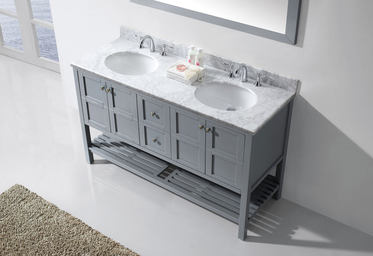 Virtu USA Winterfell 60" Double Bath Vanity with White Marble Top and Round Sinks with Polished Chrome Faucets with Matching Mirror