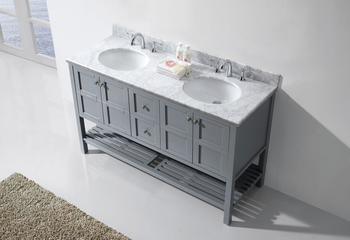 Virtu USA Winterfell 60" Double Bath Vanity with White Marble Top and Round Sinks