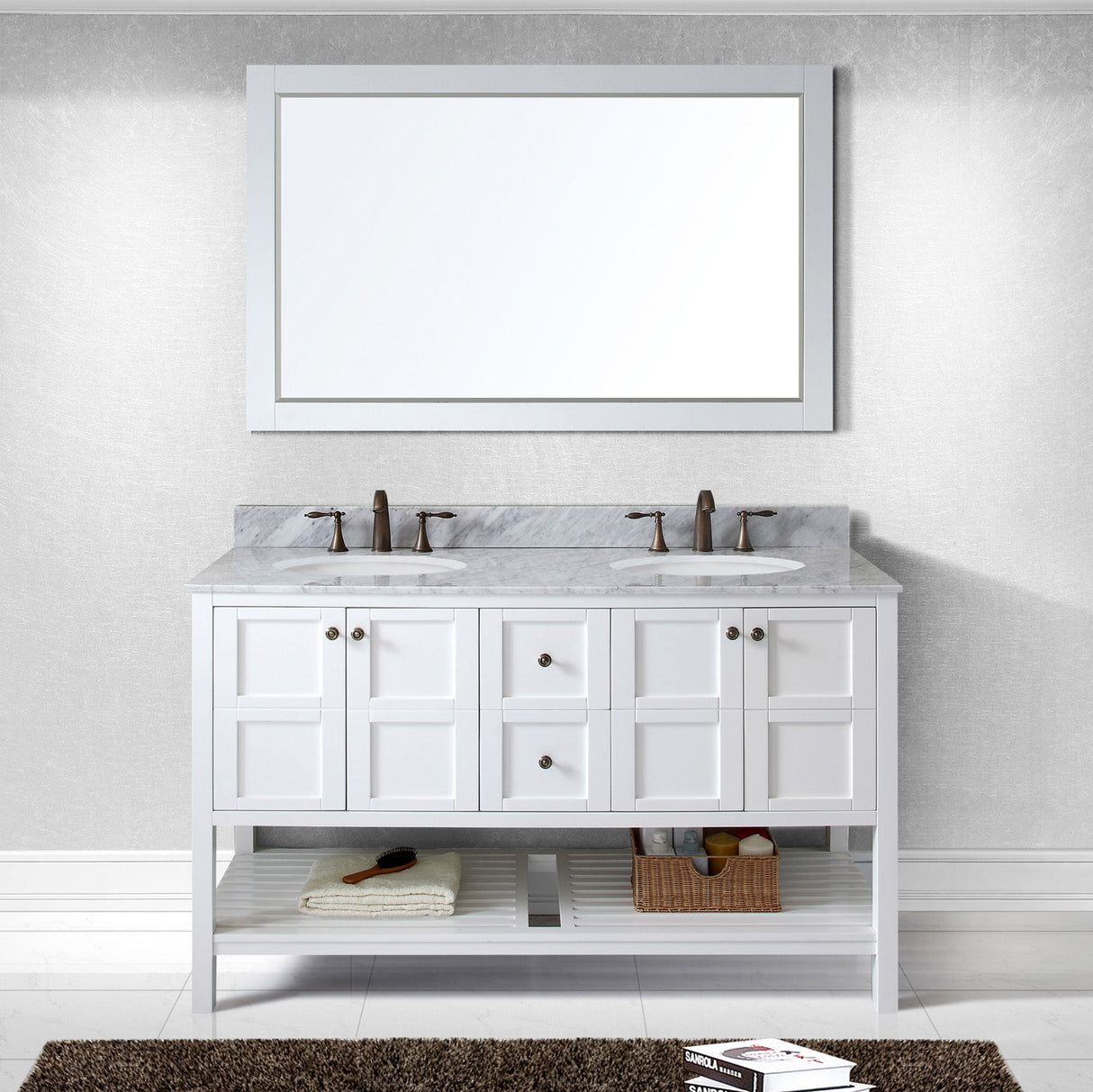 Virtu USA Winterfell 60" Double Bath Vanity with White Marble Top and Round Sinks with Brushed Nickel Faucets with Matching Mirror