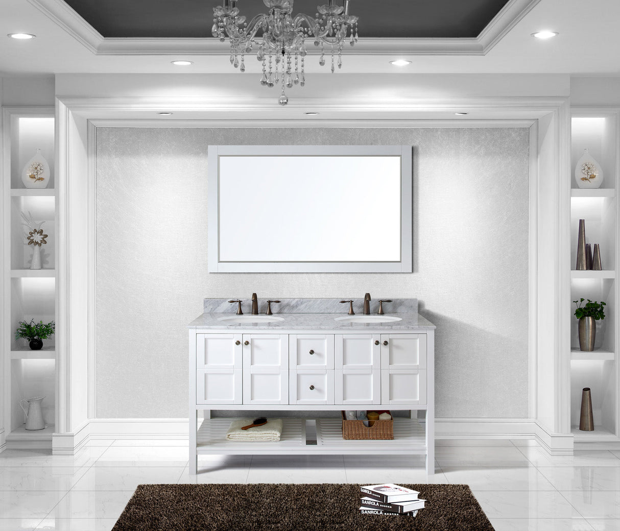 Virtu USA Winterfell 60" Double Bath Vanity with White Marble Top and Round Sinks with Brushed Nickel Faucets with Matching Mirror