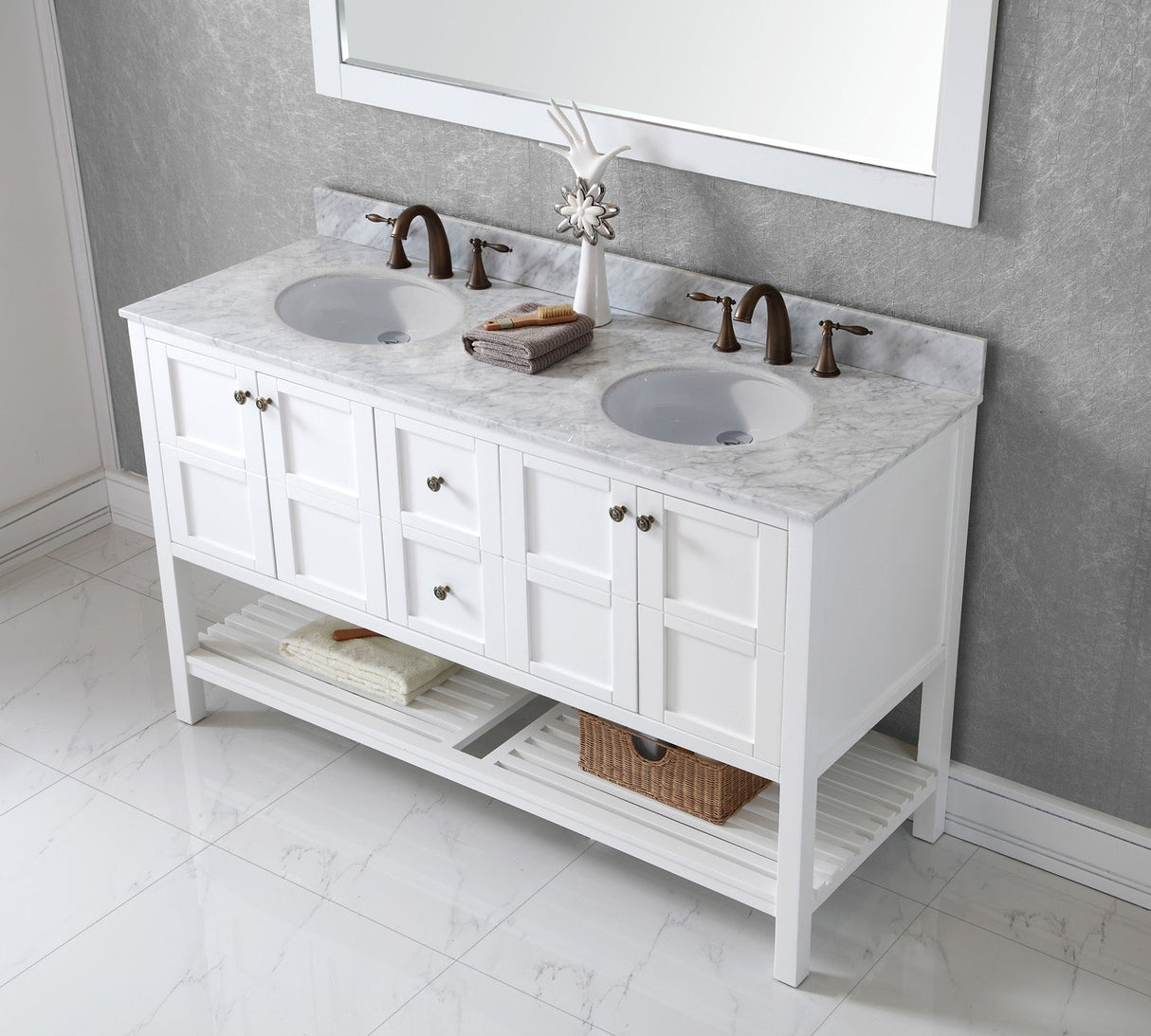 Virtu USA Winterfell 60" Double Bath Vanity with White Marble Top and Round Sinks with Brushed Nickel Faucets with Matching Mirror