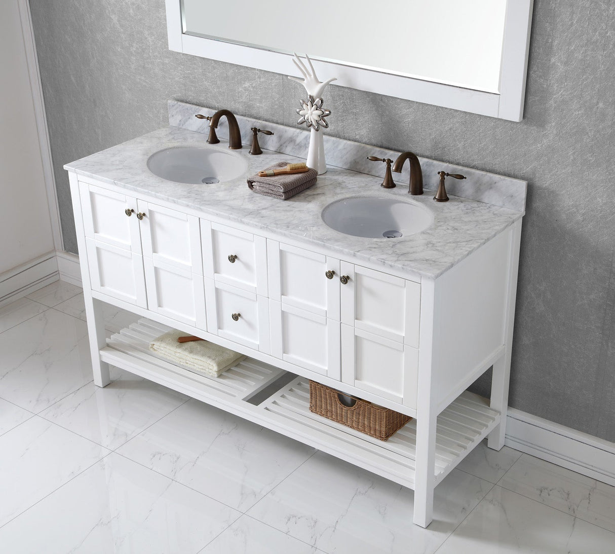 Virtu USA Winterfell 60" Double Bath Vanity with White Marble Top and Round Sinks with Polished Chrome Faucets with Matching Mirror