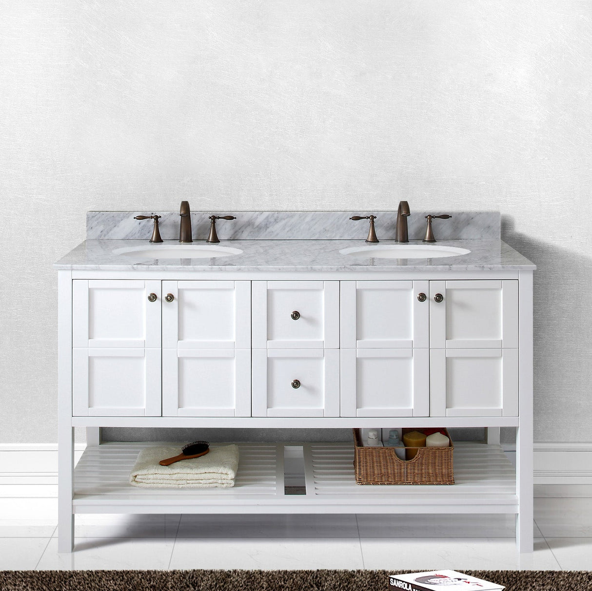 Virtu USA Winterfell 60" Double Bath Vanity with White Marble Top and Round Sinks with Polished Chrome Faucets