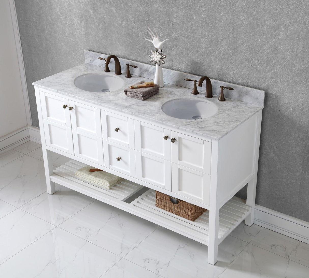 Virtu USA Winterfell 60" Double Bath Vanity with White Marble Top and Round Sinks with Polished Chrome Faucets