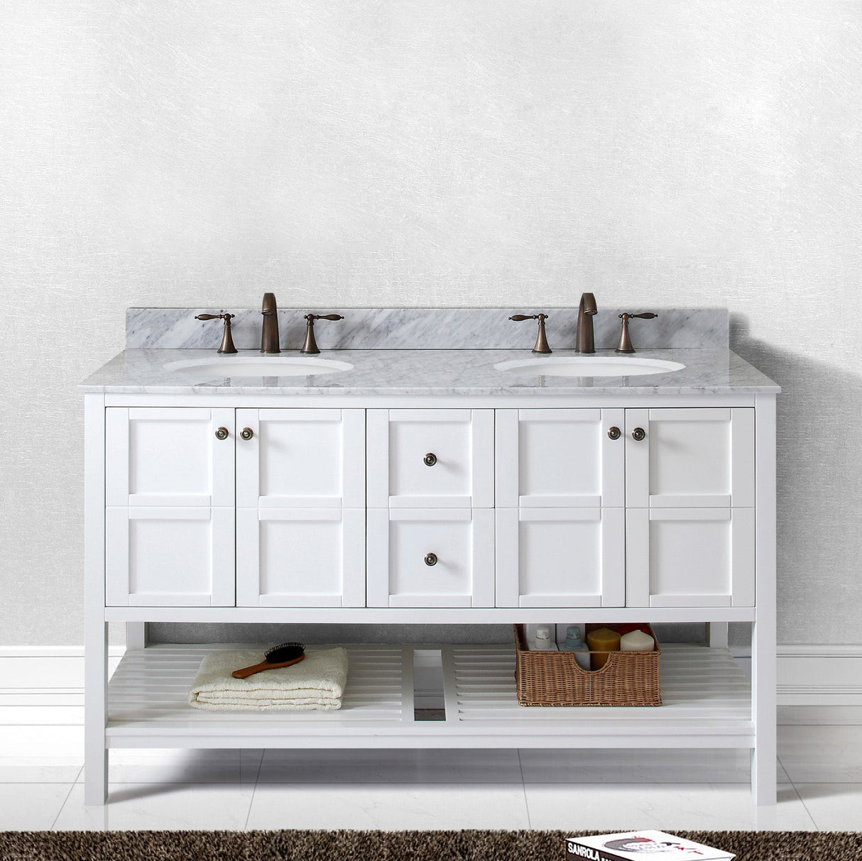 Virtu USA Winterfell 60" Double Bath Vanity with White Marble Top and Round Sinks