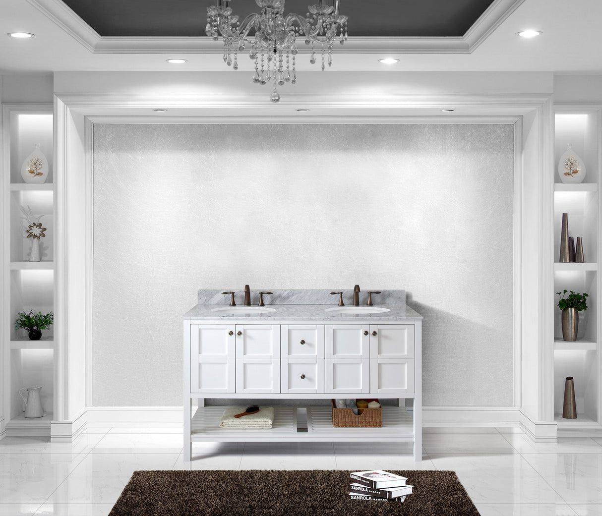 Virtu USA Winterfell 60" Double Bath Vanity with White Marble Top and Round Sinks with Brushed Nickel Faucets