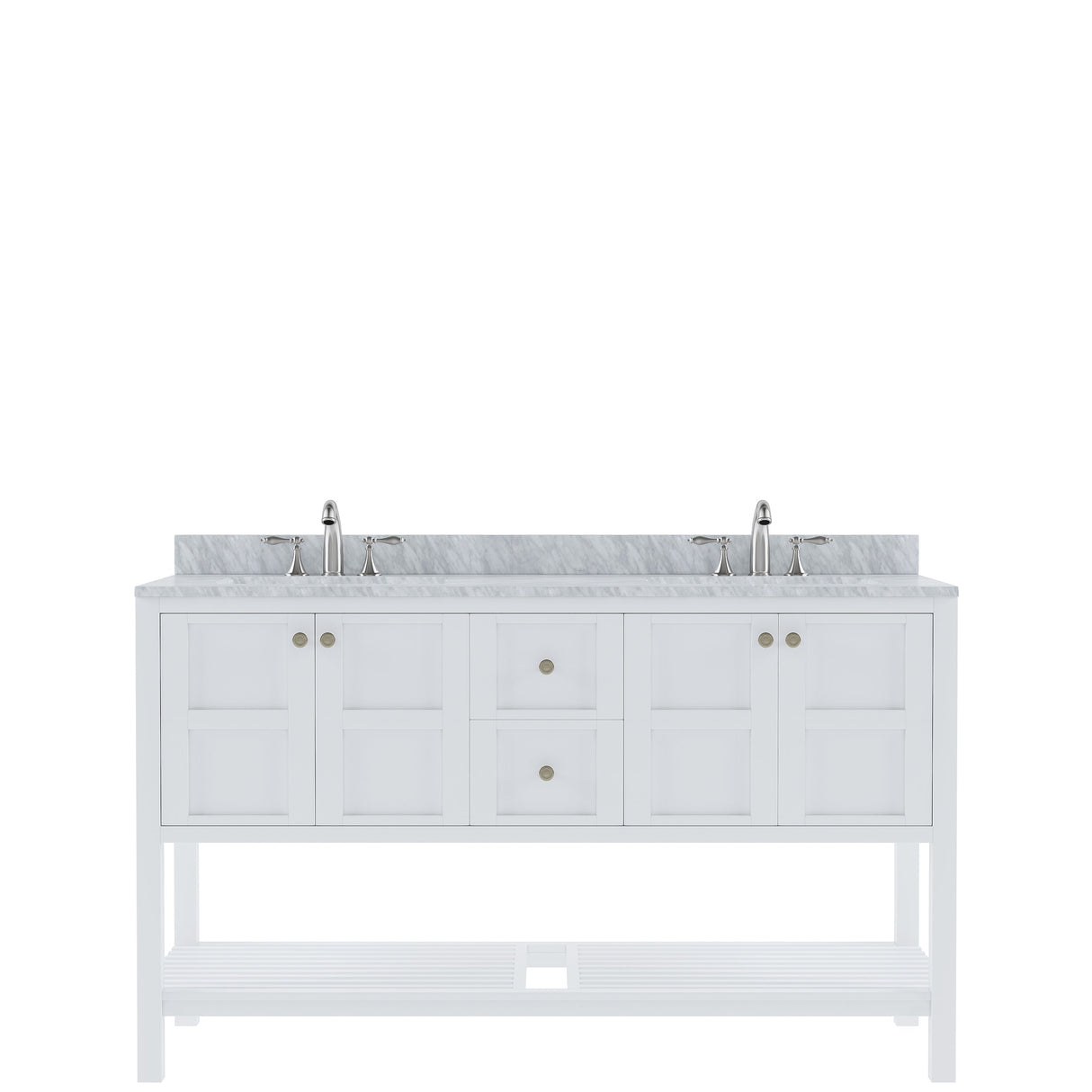 Virtu USA Winterfell 60" Double Bath Vanity in White with White Marble Top and Round Sinks with Brushed Nickel Faucets - Luxe Bathroom Vanities