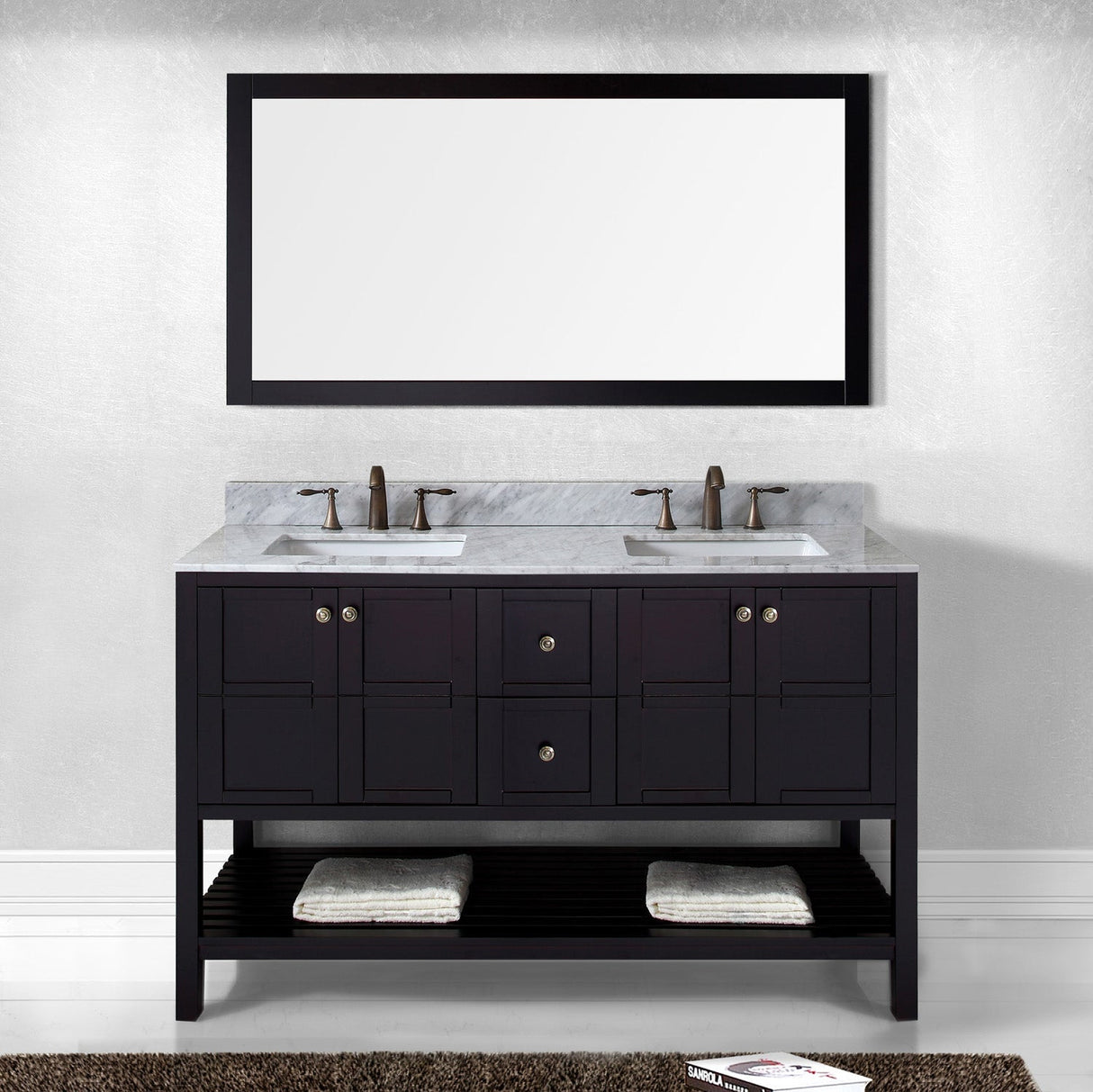 Virtu USA Winterfell 60" Double Bath Vanity with White Marble Top and Square Sinks with Matching Mirror