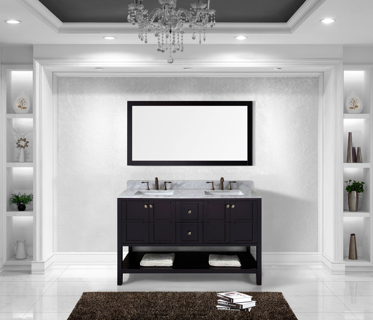 Virtu USA Winterfell 60" Double Bath Vanity with White Marble Top and Square Sinks with Matching Mirror