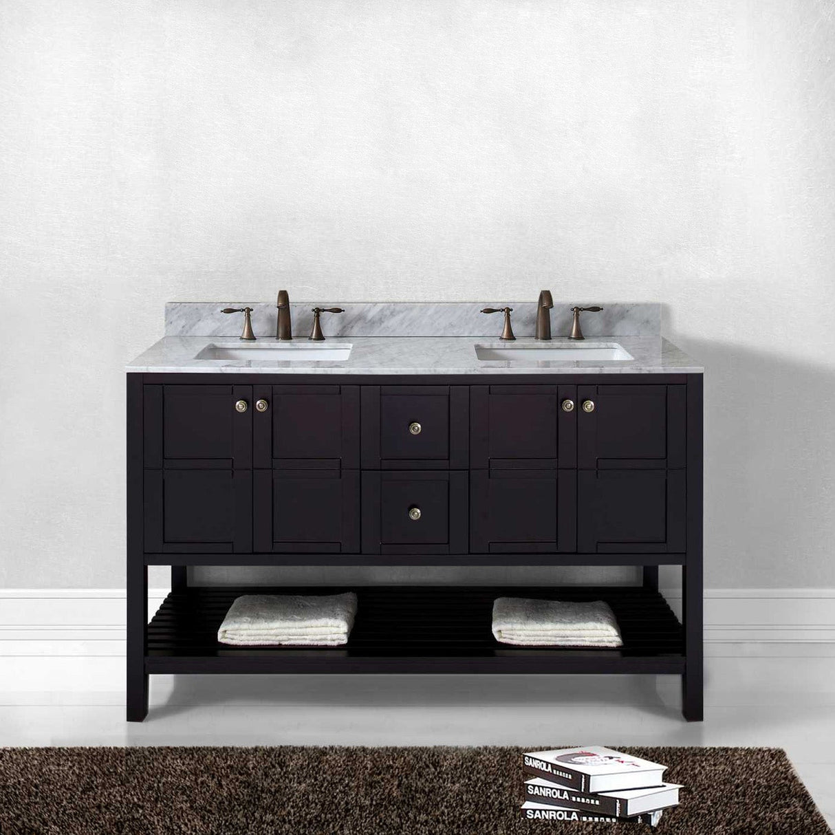 Virtu USA Winterfell 60" Double Bath Vanity with White Marble Top and Square Sinks