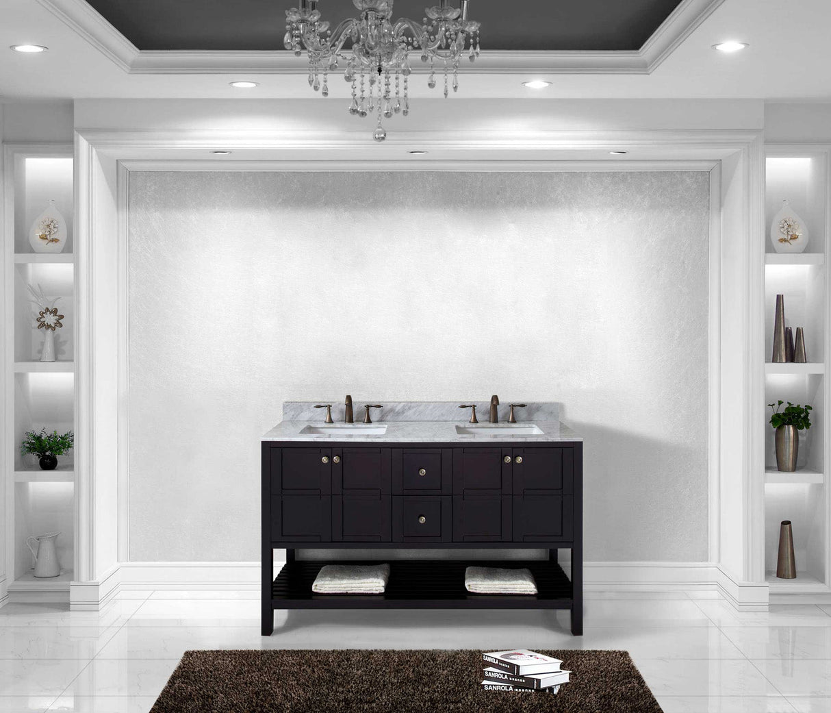 Virtu USA Winterfell 60" Double Bath Vanity with White Marble Top and Square Sinks