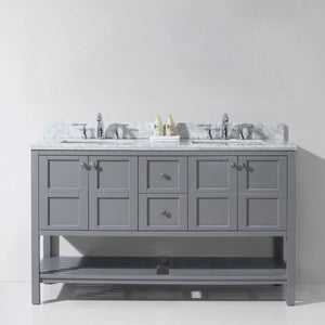 Virtu USA Winterfell 60" Double Bath Vanity with White Marble Top and Square Sinks with Brushed Nickel Faucets
