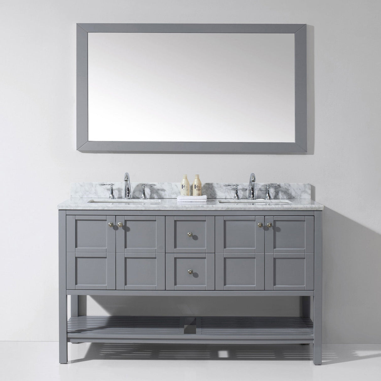 Virtu USA Winterfell 60" Double Bath Vanity with White Marble Top and Square Sinks with Brushed Nickel Faucets