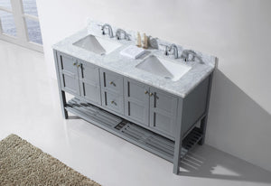 Virtu USA Winterfell 60" Double Bath Vanity with White Marble Top and Square Sinks with Brushed Nickel Faucets