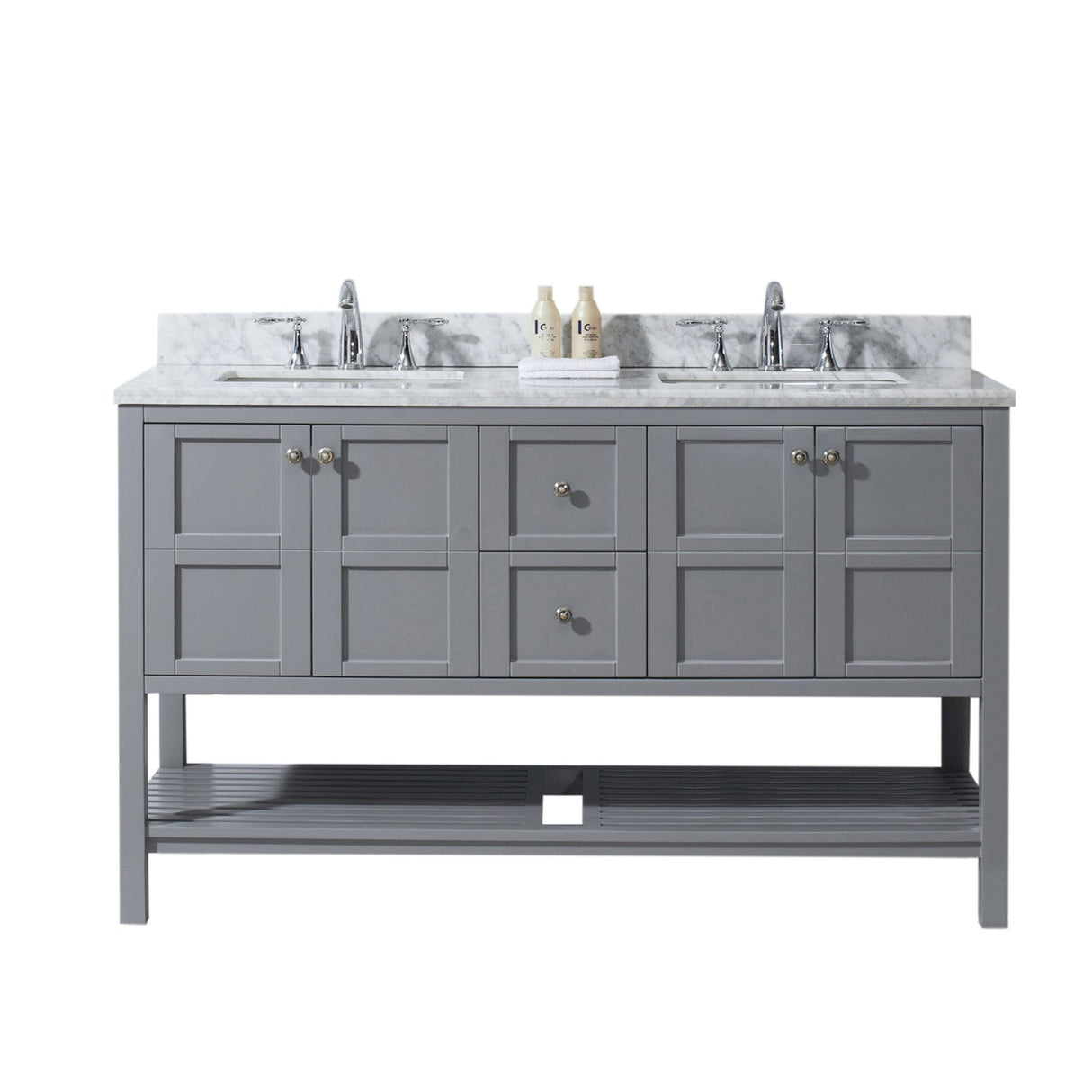 Virtu USA Winterfell 60" Double Bath Vanity with Marble Top and Square Sink with Brushed Nickel Faucet - Luxe Bathroom Vanities